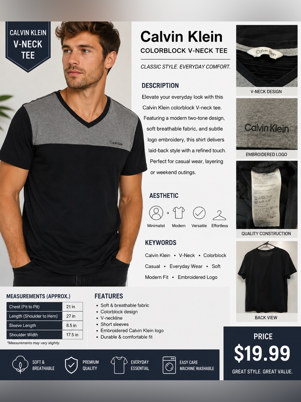 Calvin Klein Men’s Two-Tone V-Neck Tee - Black & Gray - Picture 1 of 9